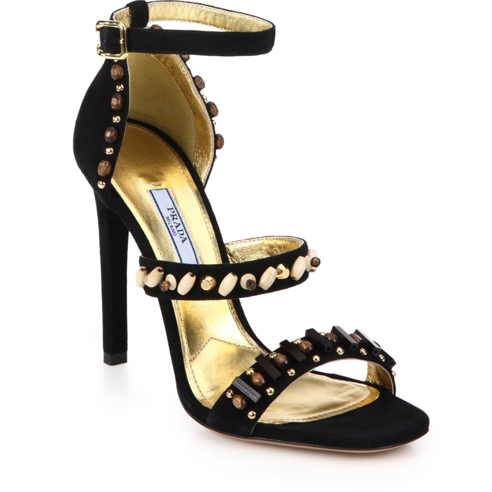 Prada Women's Black Beaded Suede Sandal heels😍